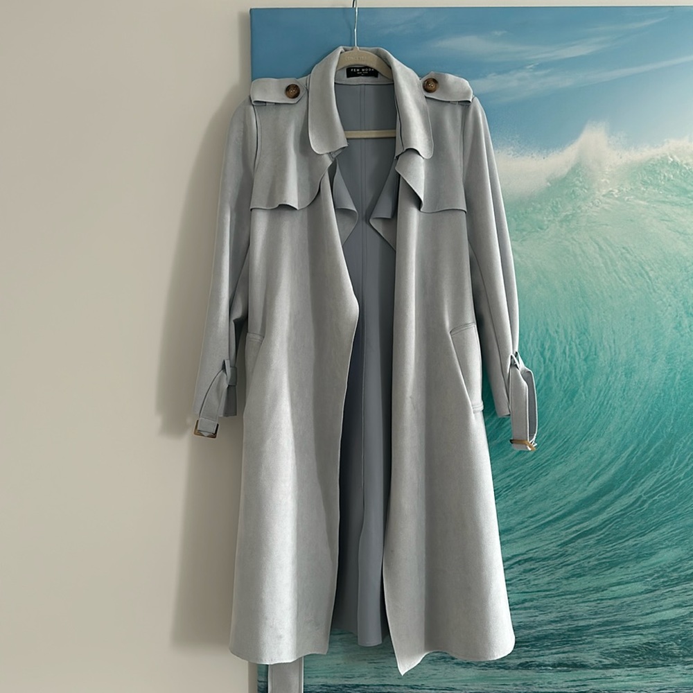 Blue suede trench coat, belted in size M